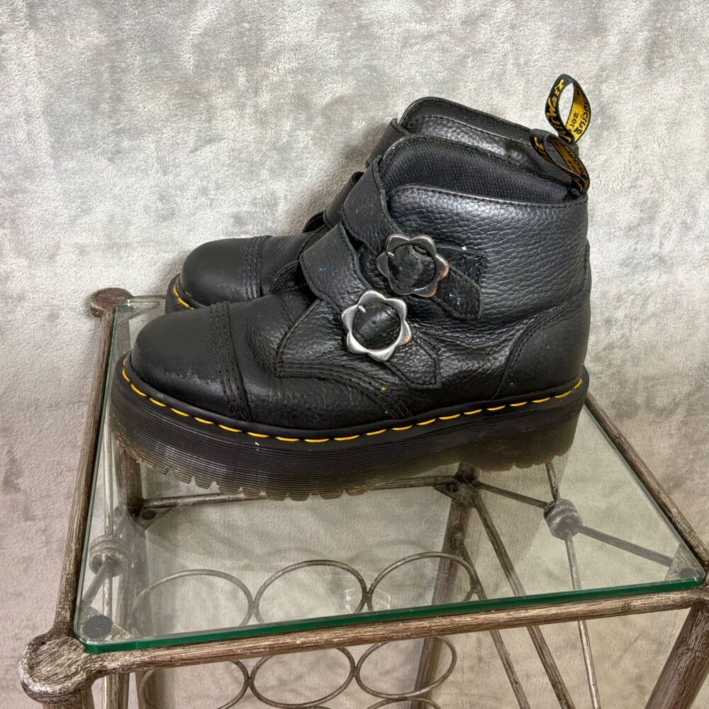 Dr. Martens Devon Quad Flower Buckle Boots Size 8 Black Milled Leather Platform